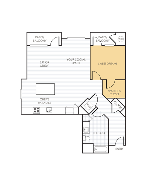 Floor plan for 1 bed, 1 bath, 1043 sqft